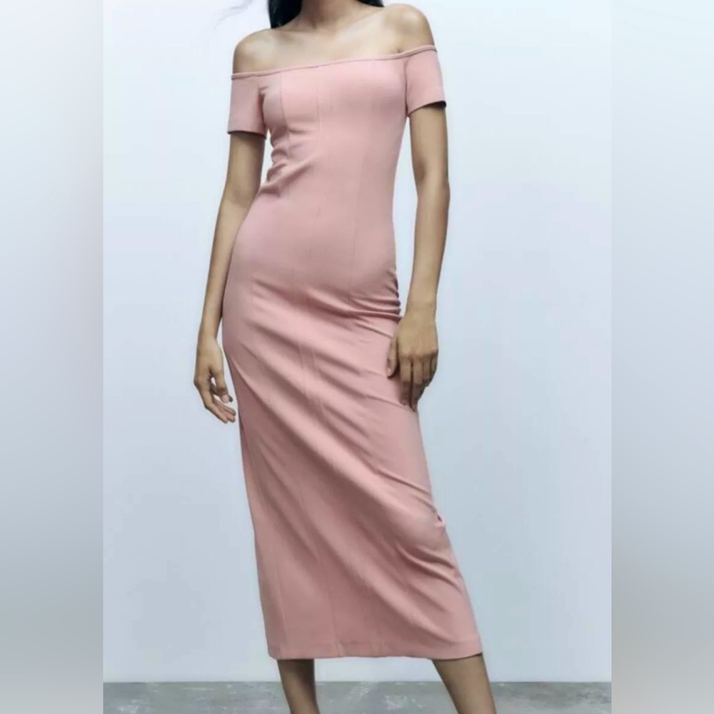 Zara Squared Neck Off the Shoulder Midi Dress in Powder Pink-size M